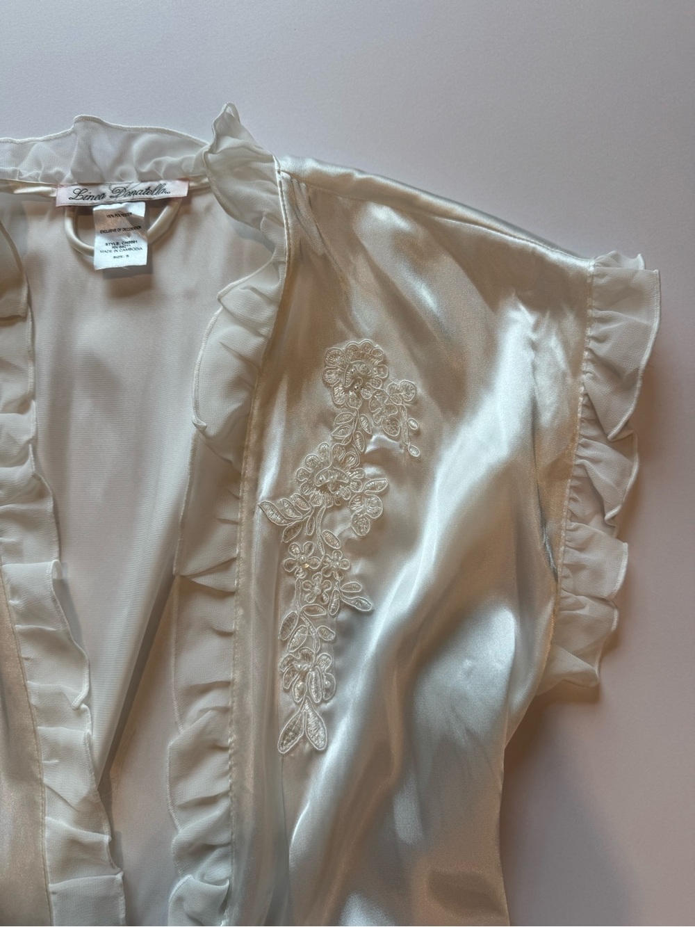 Linea Donatella Ivory Satin Embroidered Ruffle Robe - Picture 4 of 7